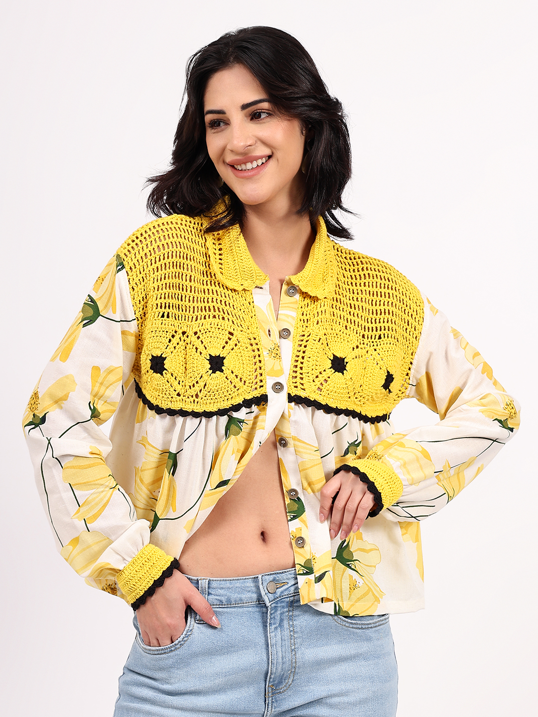 Bohemian Crochet Yoke Cotton Shirt