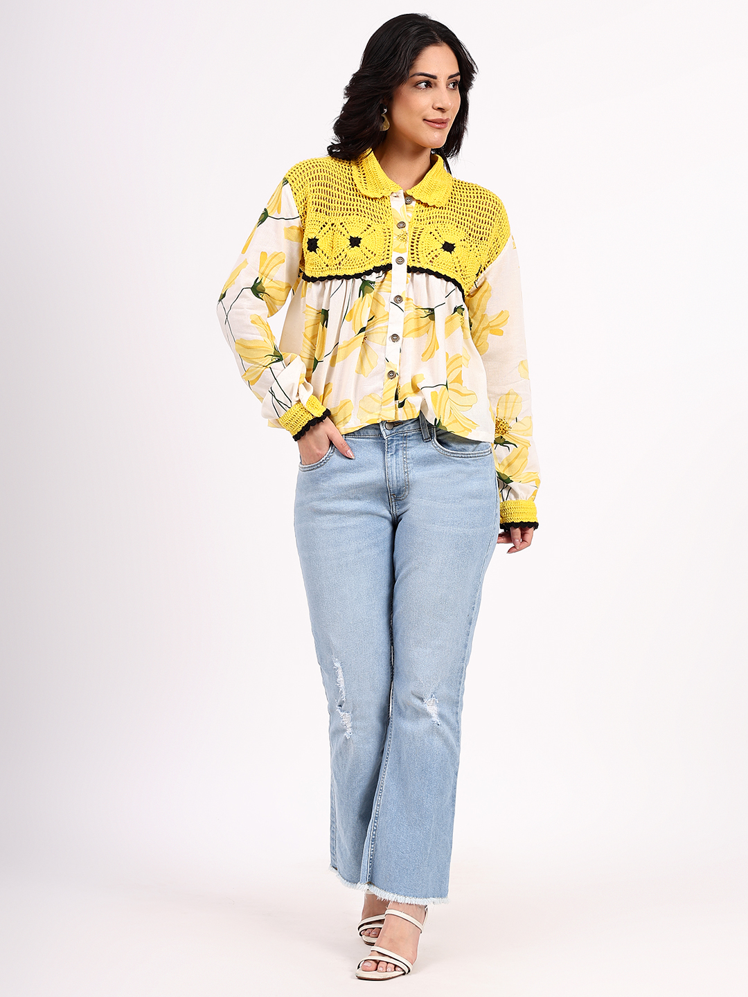 Bohemian Crochet Yoke Cotton Shirt