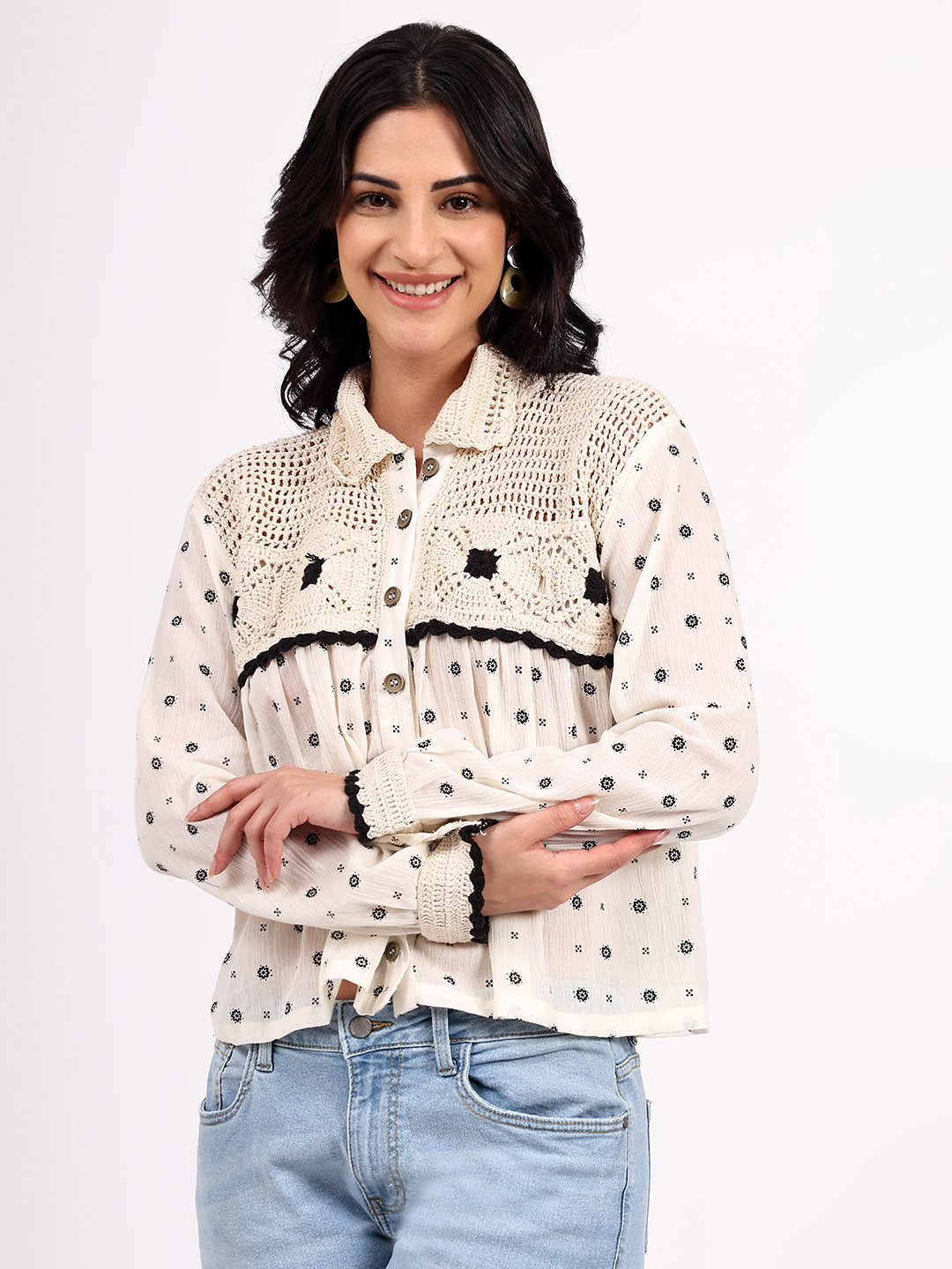 Velvery Sustainable Crochet Yoke Cotton Shirt