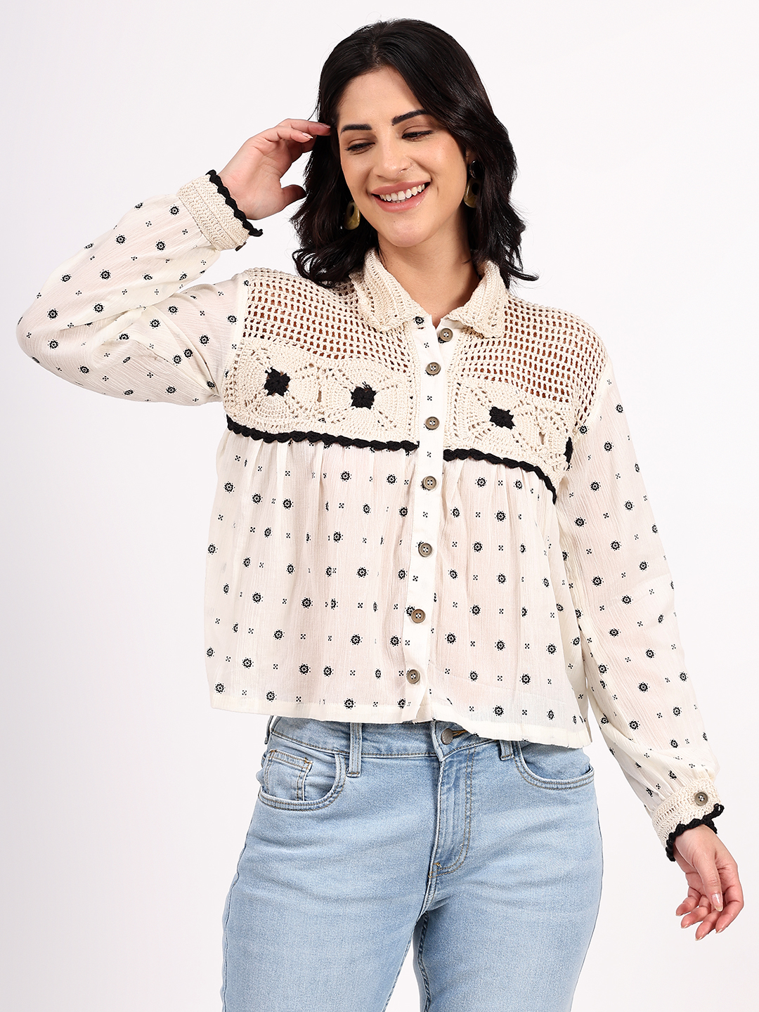 Velvery Sustainable Crochet Yoke Cotton Shirt