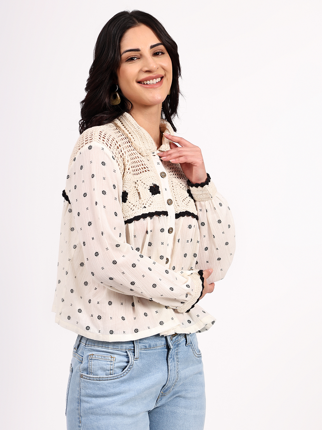 Velvery Sustainable Crochet Yoke Cotton Shirt