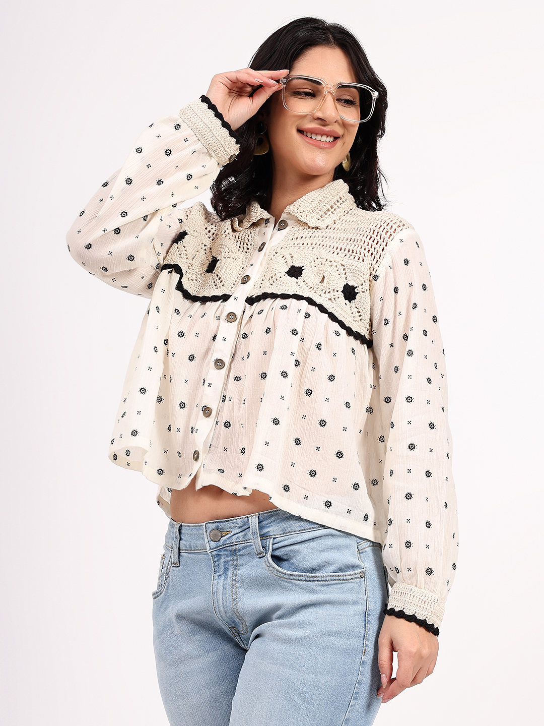Velvery Sustainable Crochet Yoke Cotton Shirt