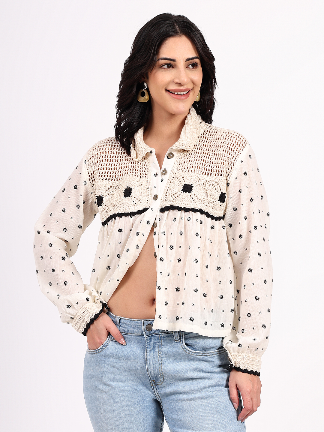 Velvery Sustainable Crochet Yoke Cotton Shirt