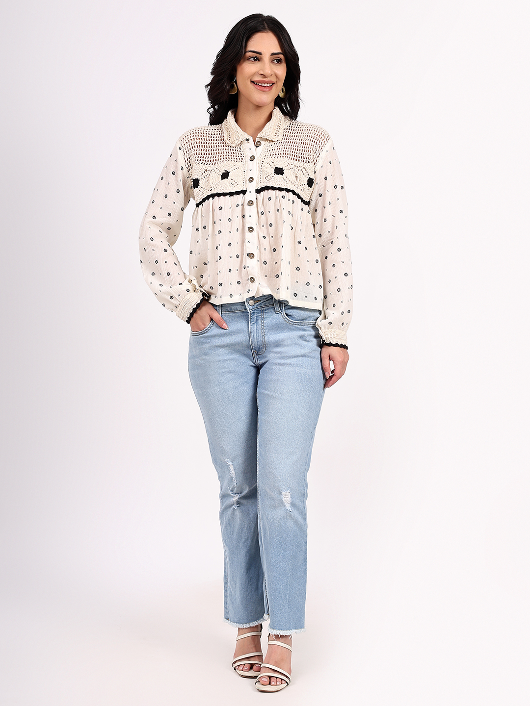 Velvery Sustainable Crochet Yoke Cotton Shirt