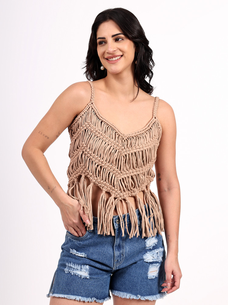 Image of Velvery Handmade Crochet Macrame Cotton Fringes Beige Top