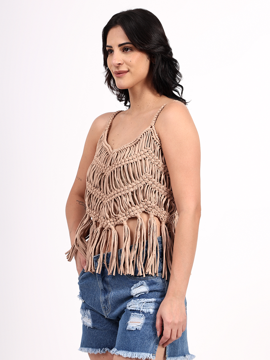 Velvery Handmade Crochet Macrame Cotton Fringes Beige Top