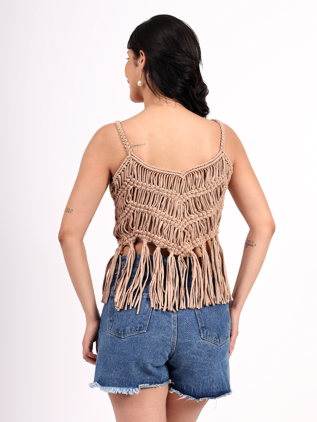 Velvery Handmade Crochet Macrame Cotton Fringes Beige Top