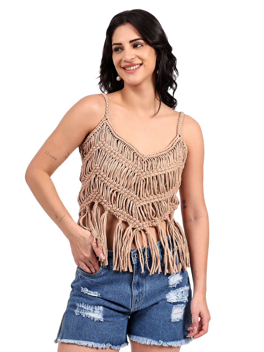 Velvery Handmade Crochet Macrame Cotton Fringes Beige Top