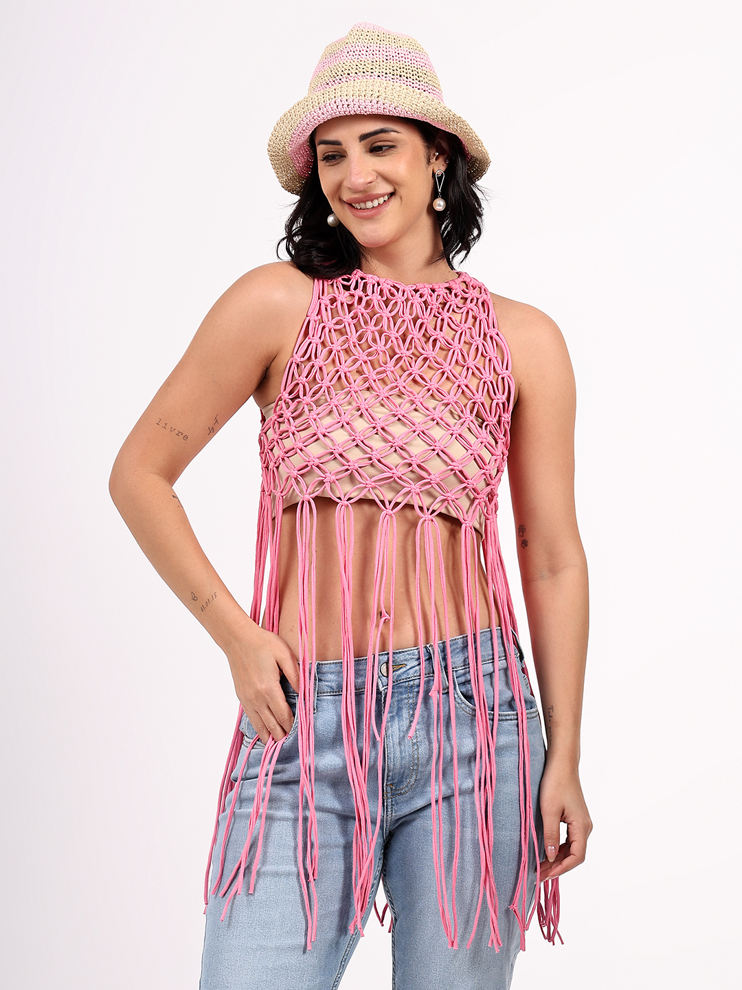 Velvery Handmade Crochet Pink Macrame Top