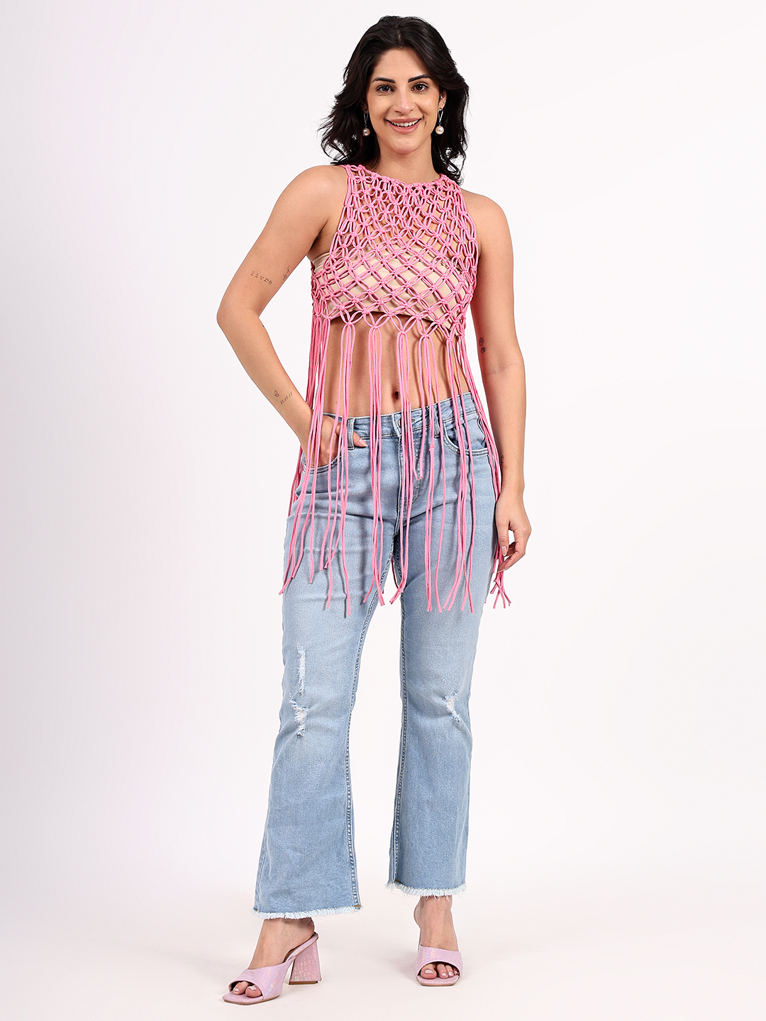 Velvery Handmade Crochet Pink Macrame Top