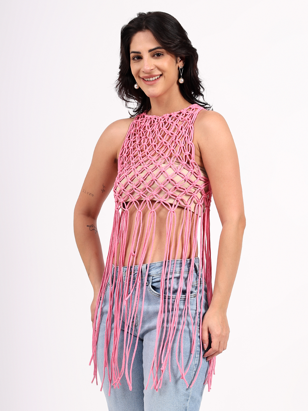 Velvery Handmade Crochet Pink Macrame Top
