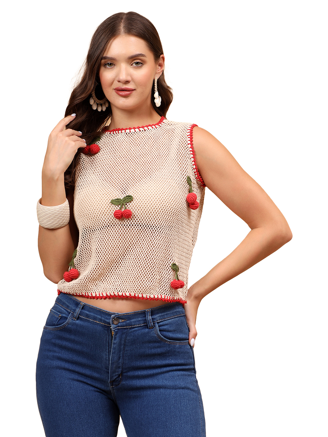 Hanging Crochet Cherry Top - Off white