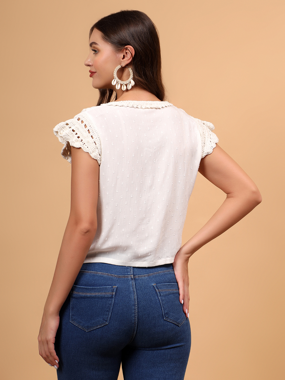 Crochet Frill Sleeve Cotton Top - Off white