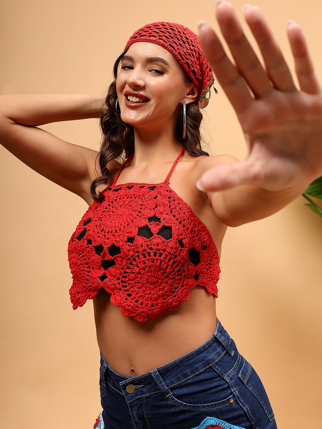 Crochet Cotton Mesh Top - Red