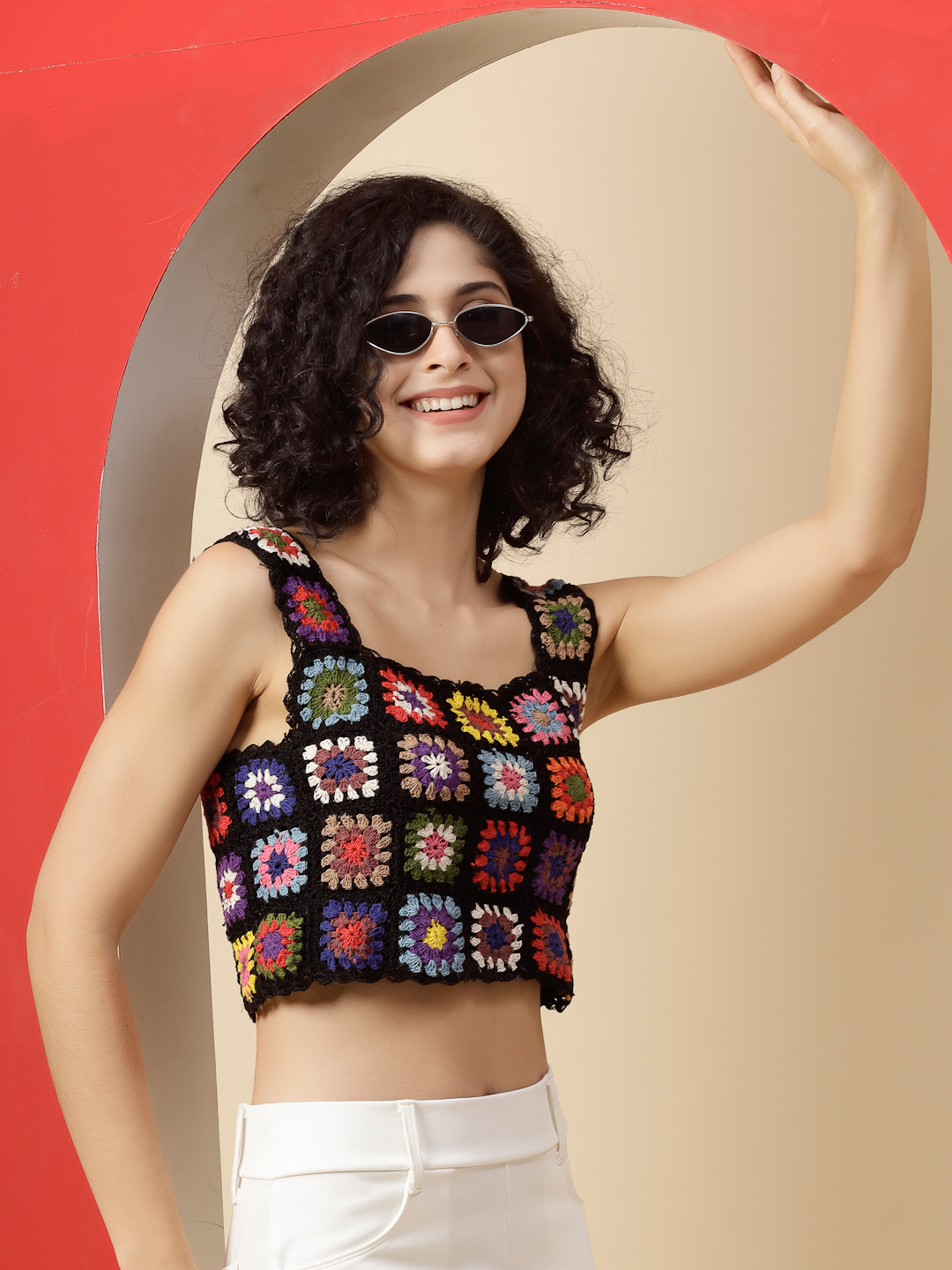 Velvery Crochet Cotton Black Square Neck Top