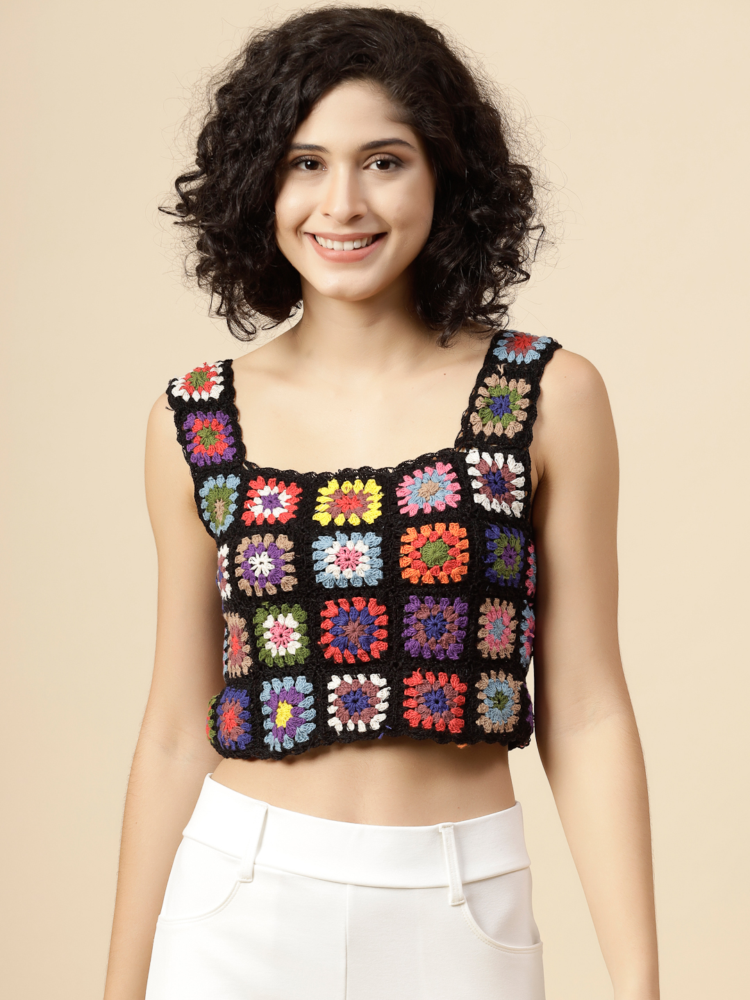 Velvery Crochet Cotton Black Square Neck Top