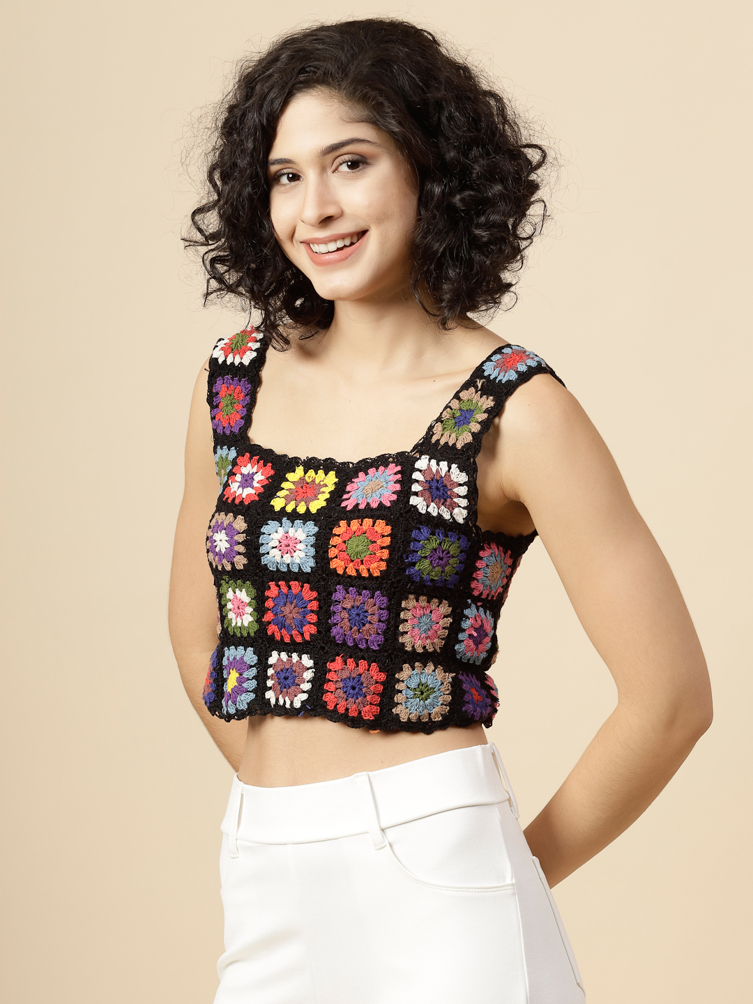 Velvery Crochet Cotton Black Square Neck Top