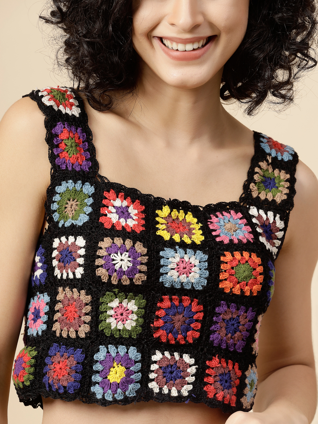 Velvery Crochet Cotton Black Square Neck Top