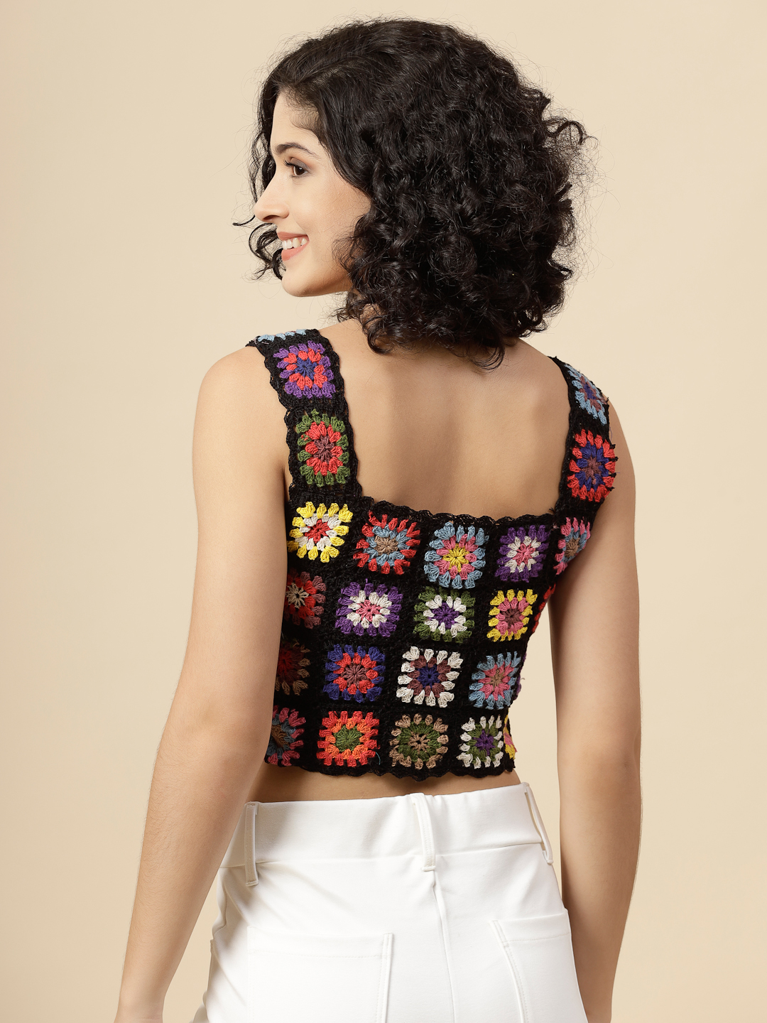 Velvery Crochet Cotton Black Square Neck Top
