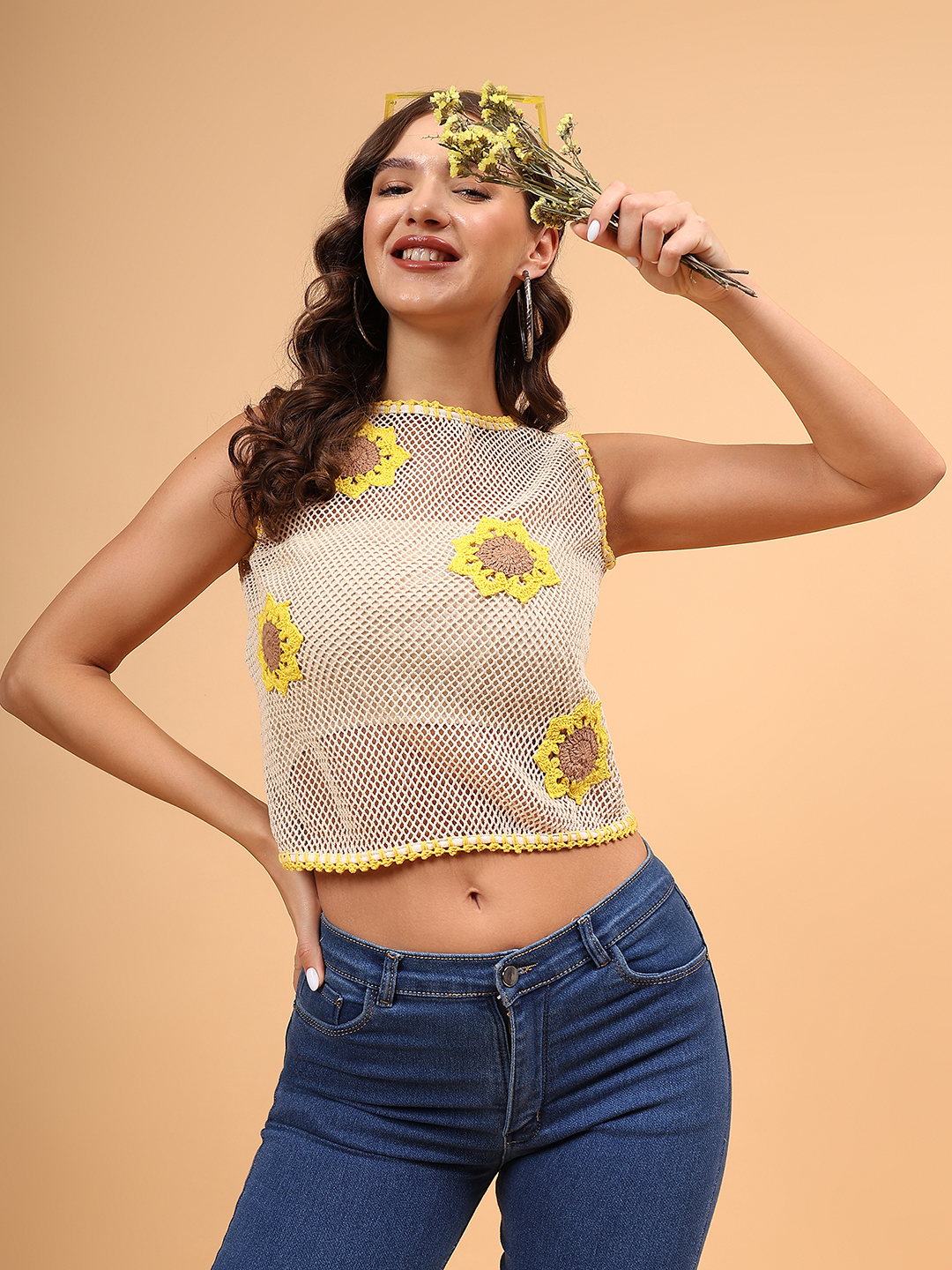 Crochet Cotton Mesh Sunflower Top - Off White