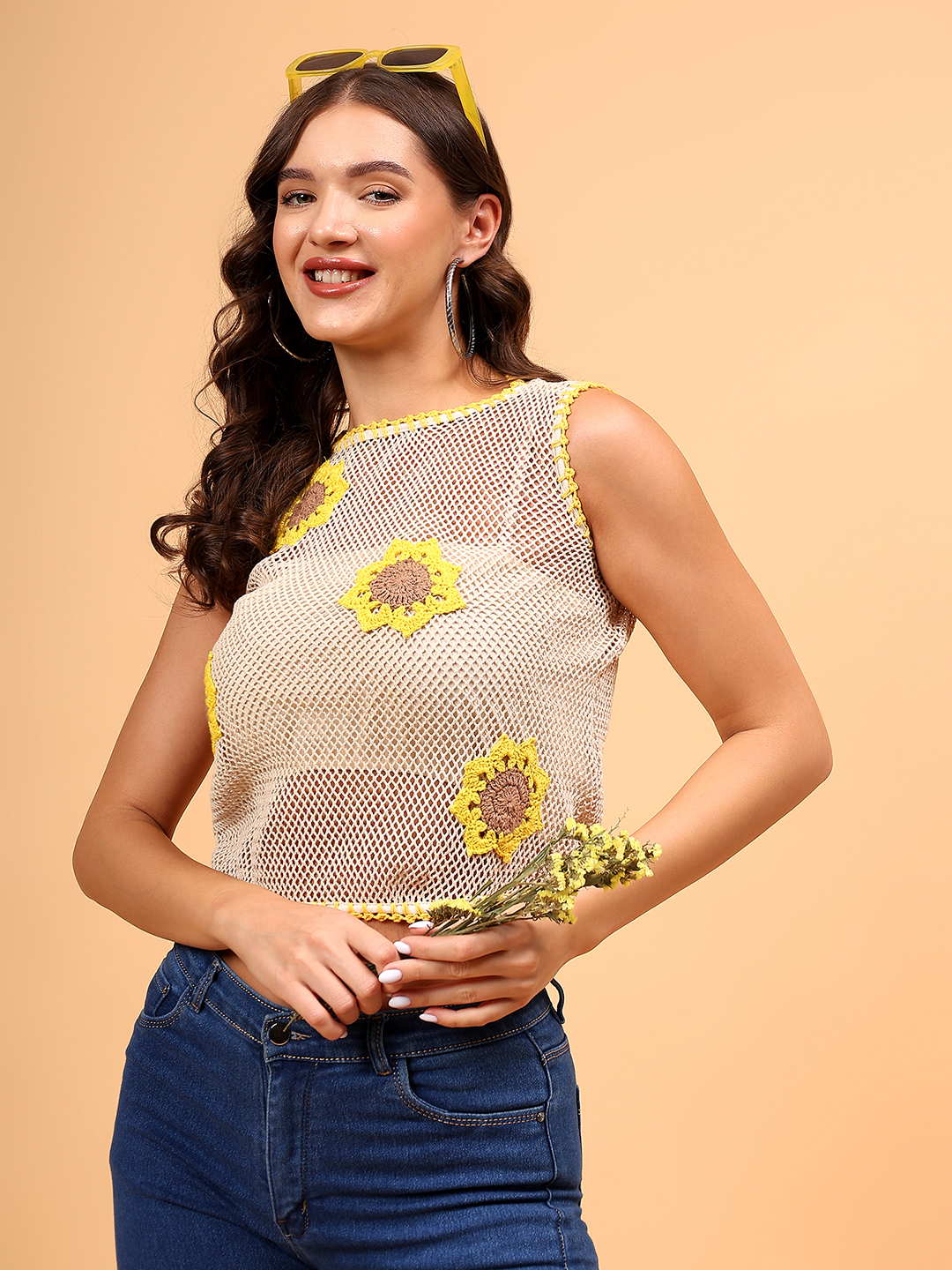 Crochet Cotton Mesh Sunflower Top - Off White