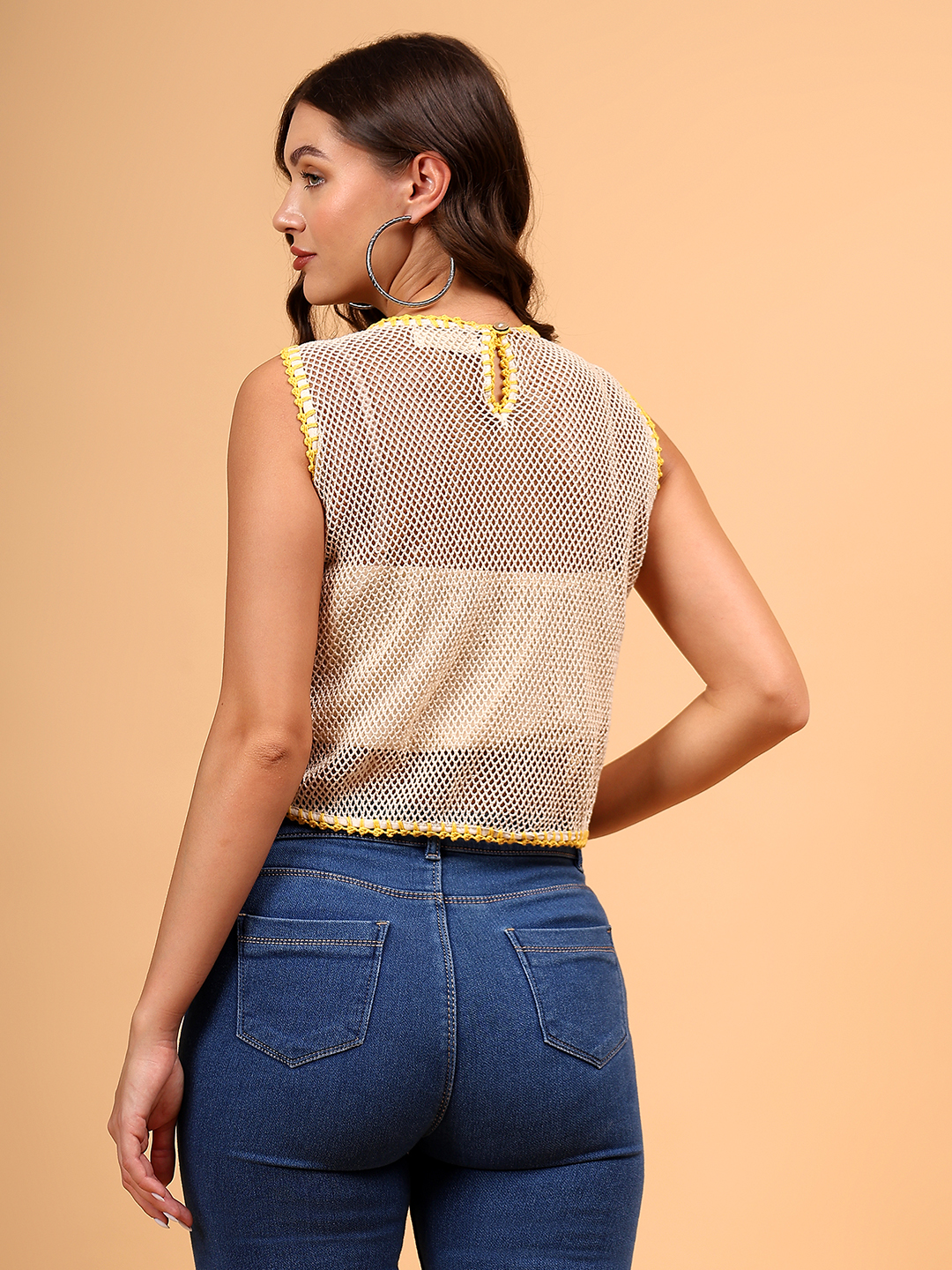 Crochet Cotton Mesh Sunflower Top - Off White