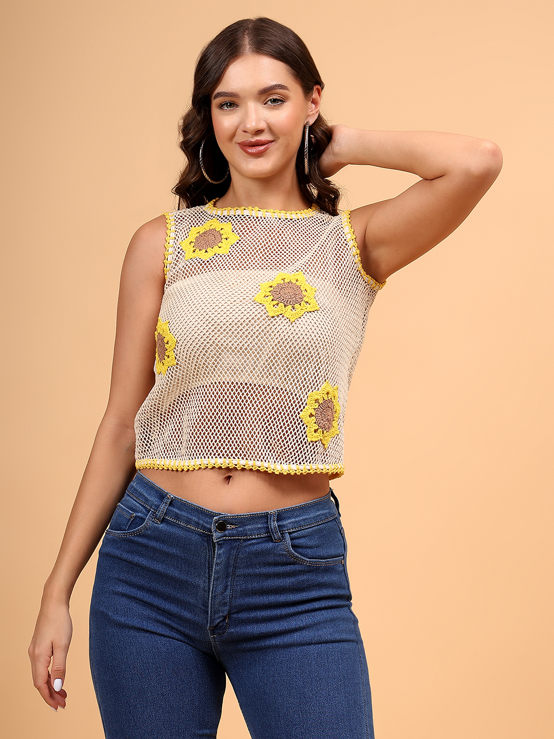 Crochet Cotton Mesh Sunflower Top - Off White