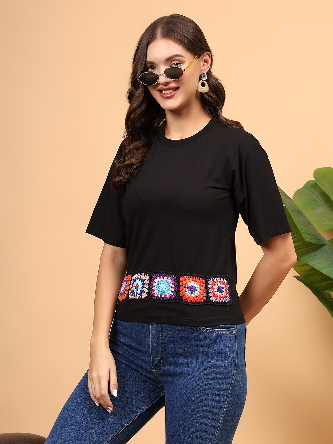 Crochet Patchwork Tshirt - Black