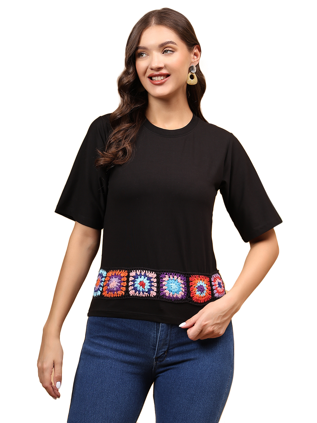 Crochet Patchwork Tshirt - Black