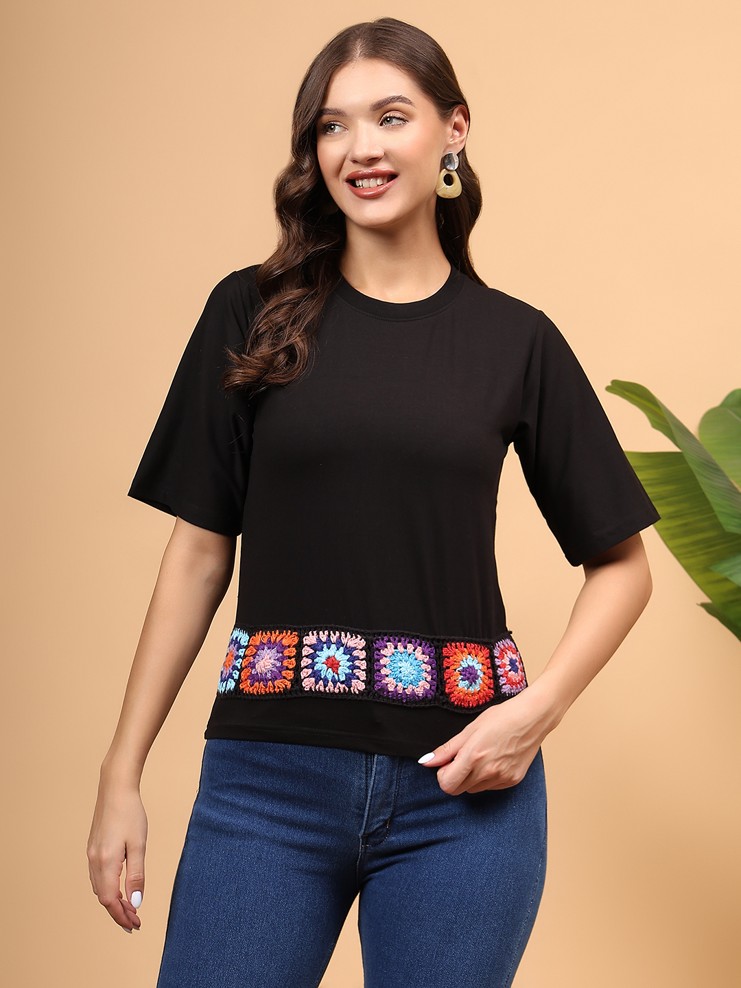 Crochet Patchwork Tshirt - Black