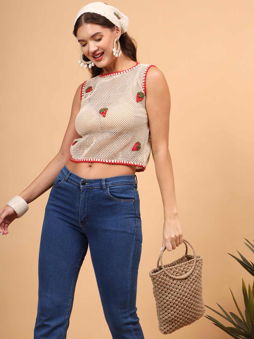 Crochet Mesh Strawberry Top - Off white