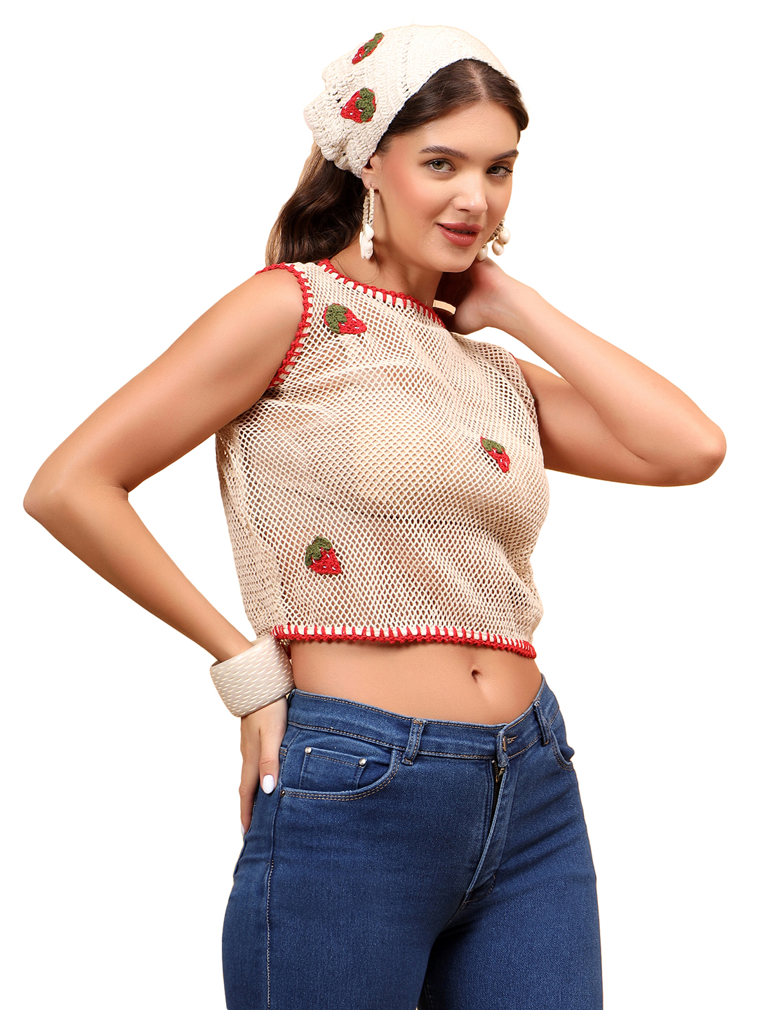 Crochet Mesh Strawberry Top - Off white