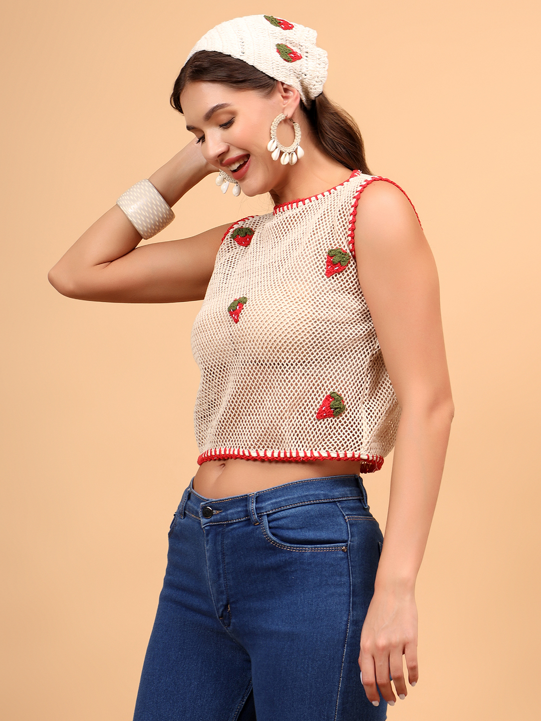 Crochet Mesh Strawberry Top - Off white