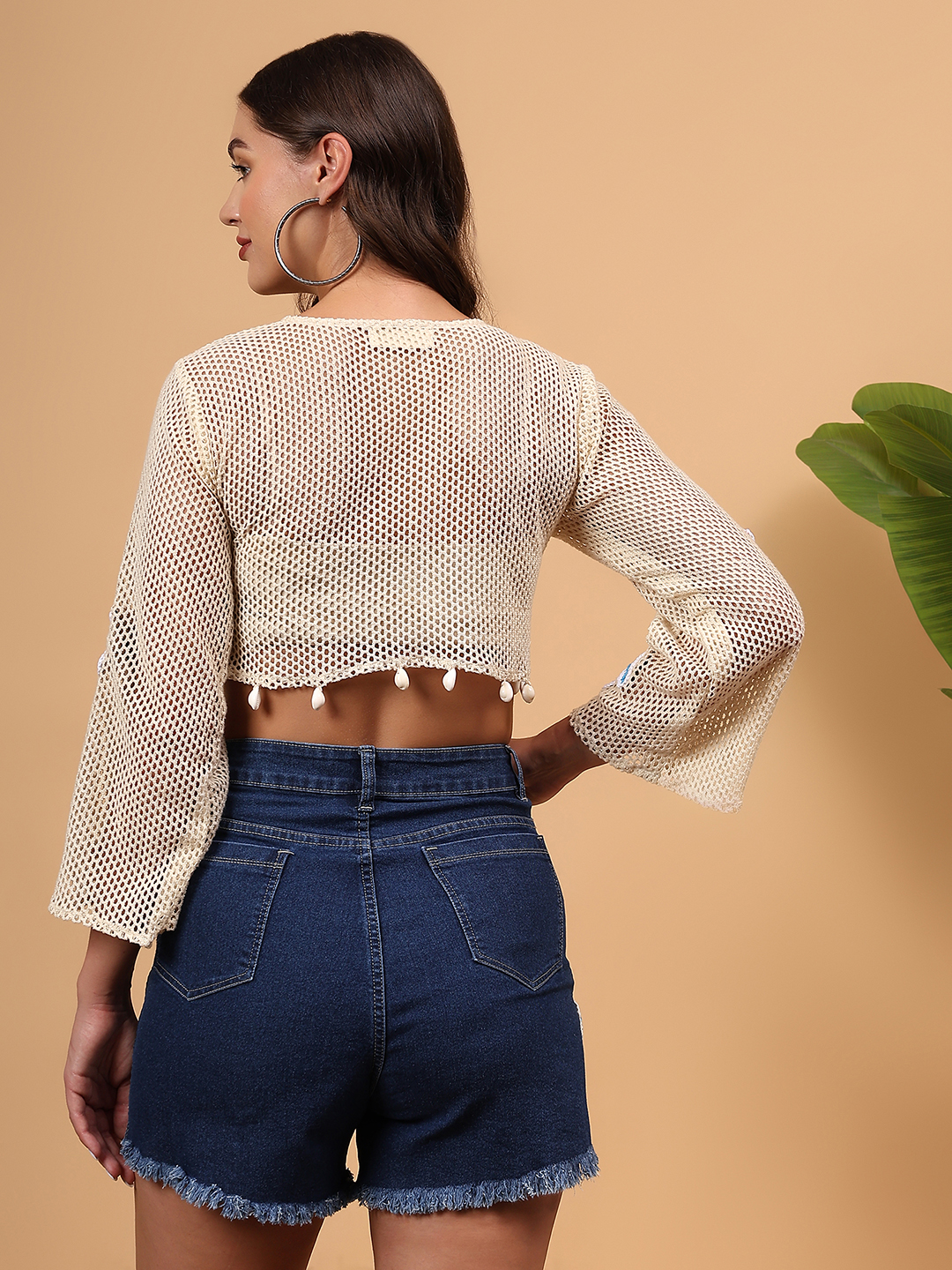 Crochet Star Appliqued Coverup Beachwear Top - Off white