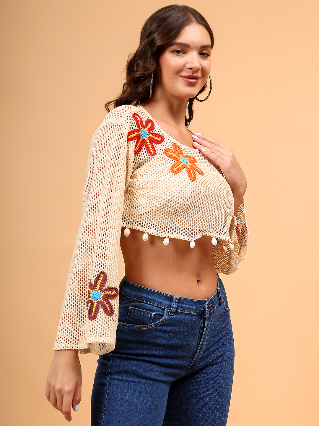 Crochet Floral Coverup Beachwear Top - Off white