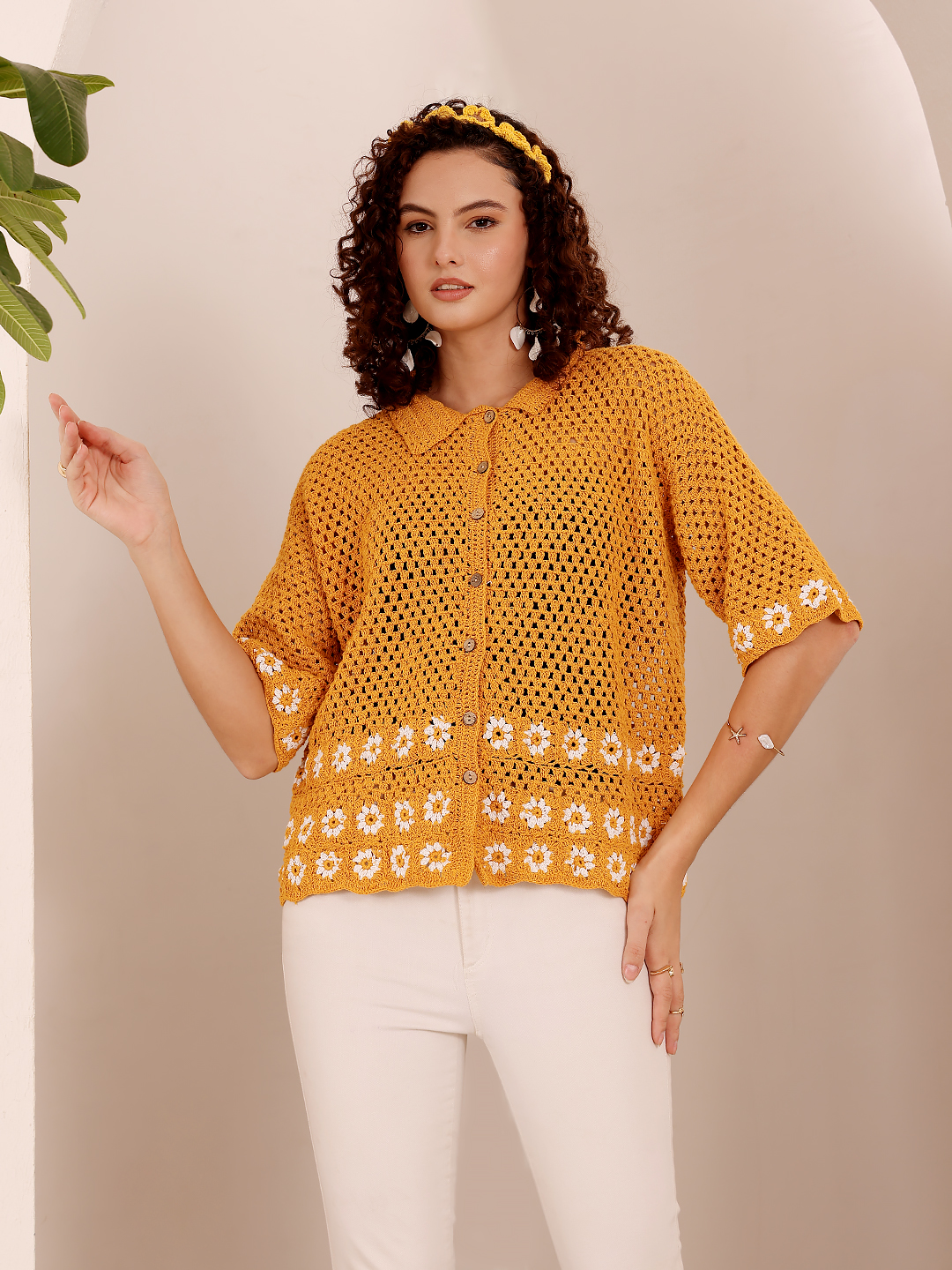 Daisy Crochet Shirt with Collar Detail
