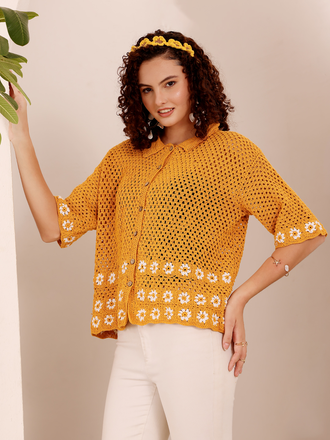 Daisy Crochet Shirt with Collar Detail