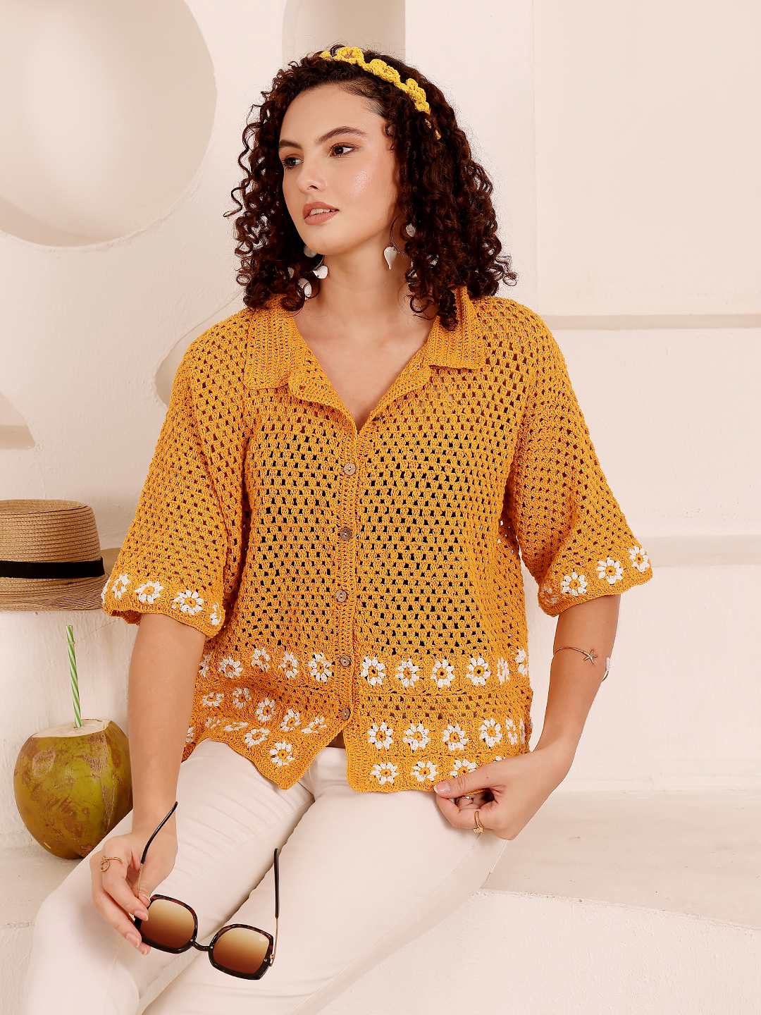 Daisy Crochet Shirt with Collar Detail