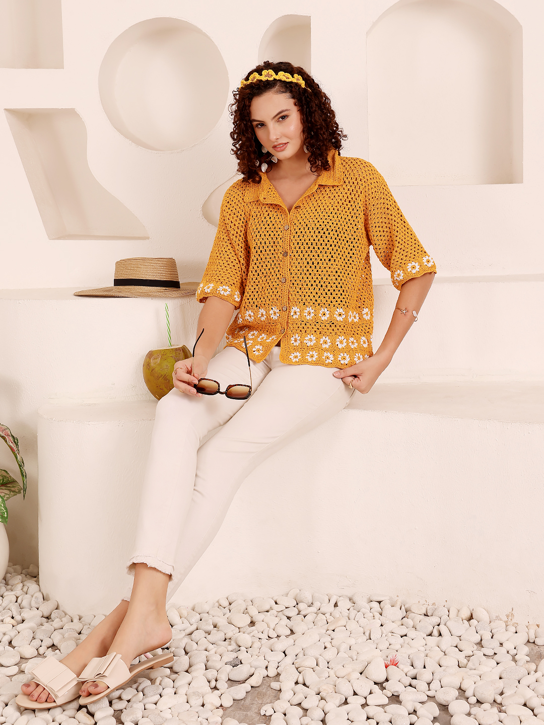 Daisy Crochet Shirt with Collar Detail
