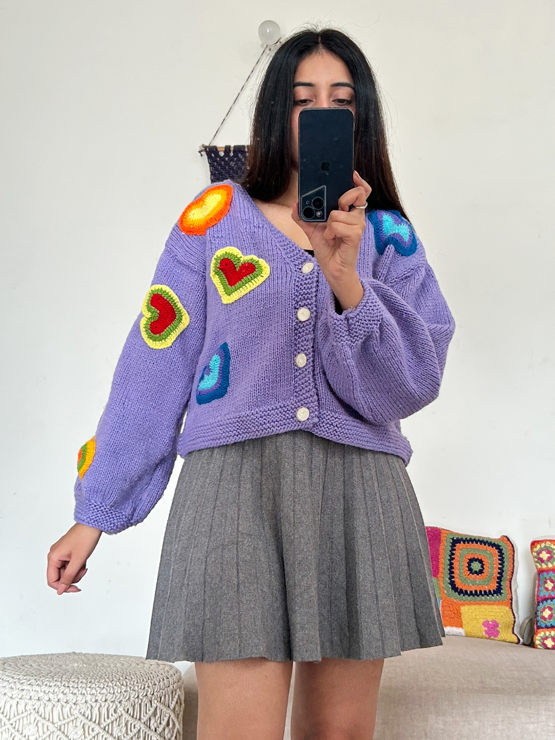 Handknitted Multi Heart Valentine Cardigan - Purple