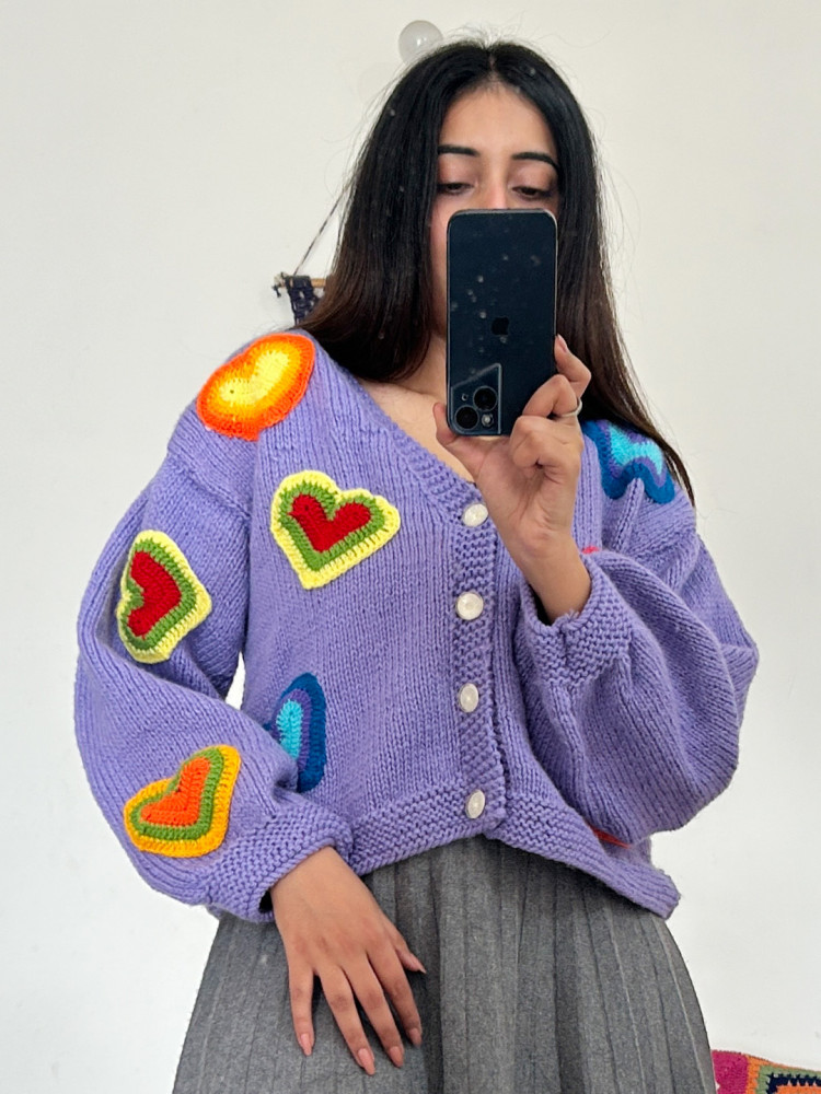 Image of Handknitted Multi Heart Valentine Cardigan - Purple