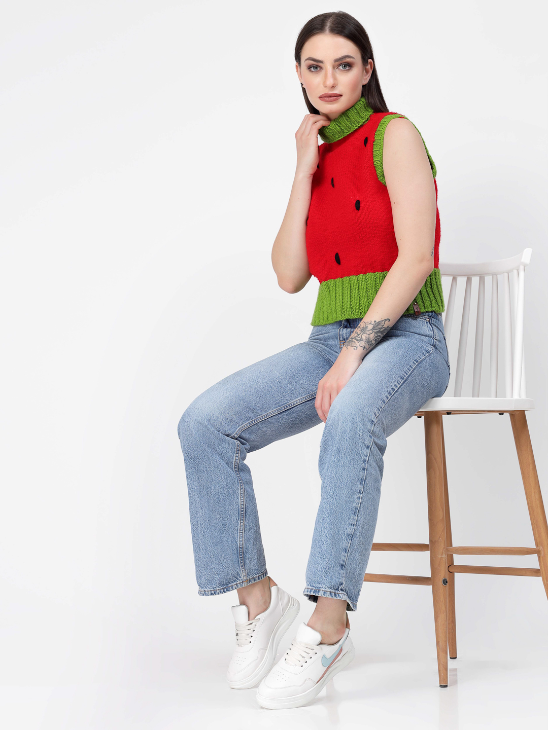 Handknitted Turtleneck Watermelon Pattern Sweater - Red