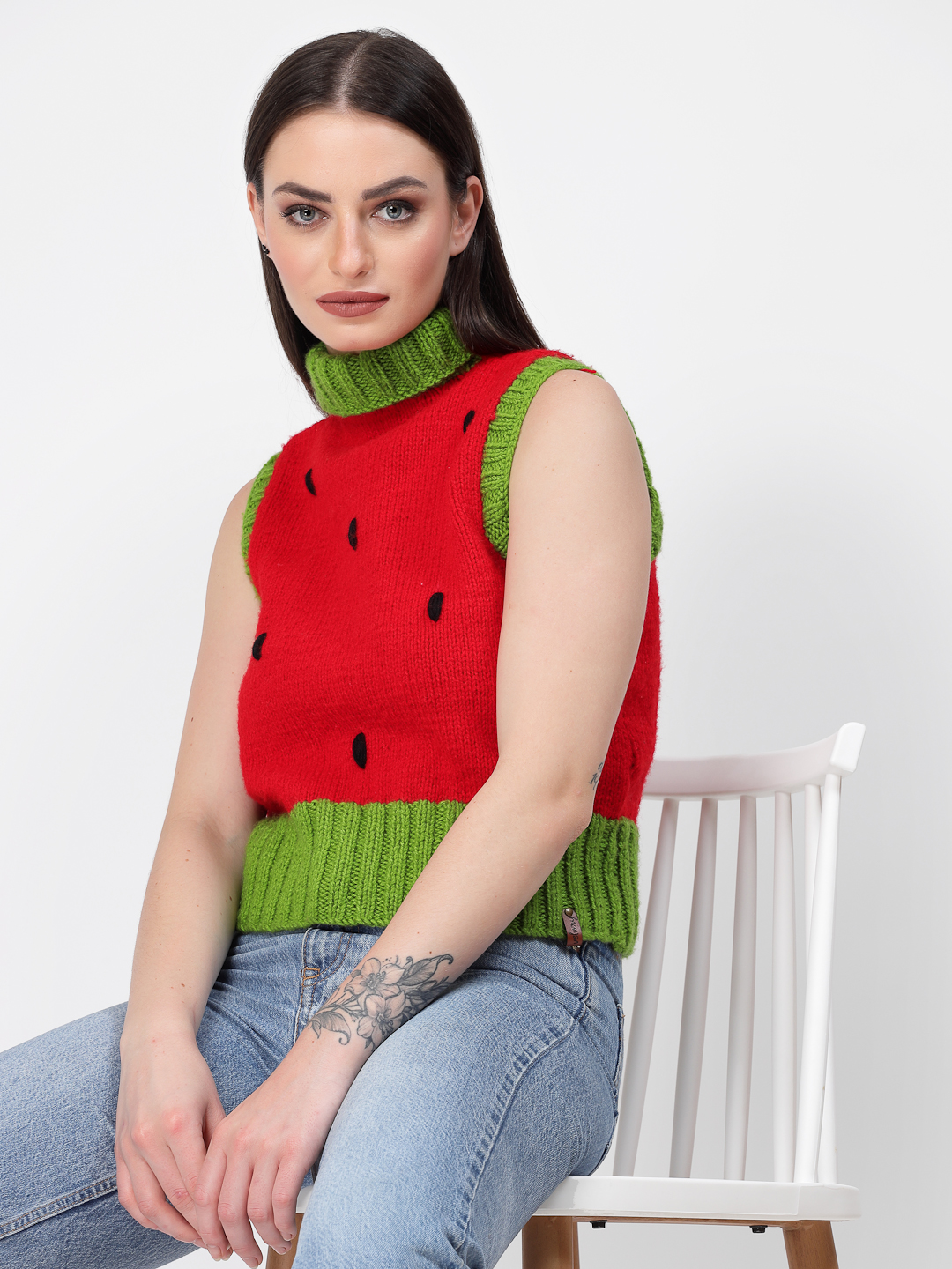 Handknitted Turtleneck Watermelon Pattern Sweater - Red