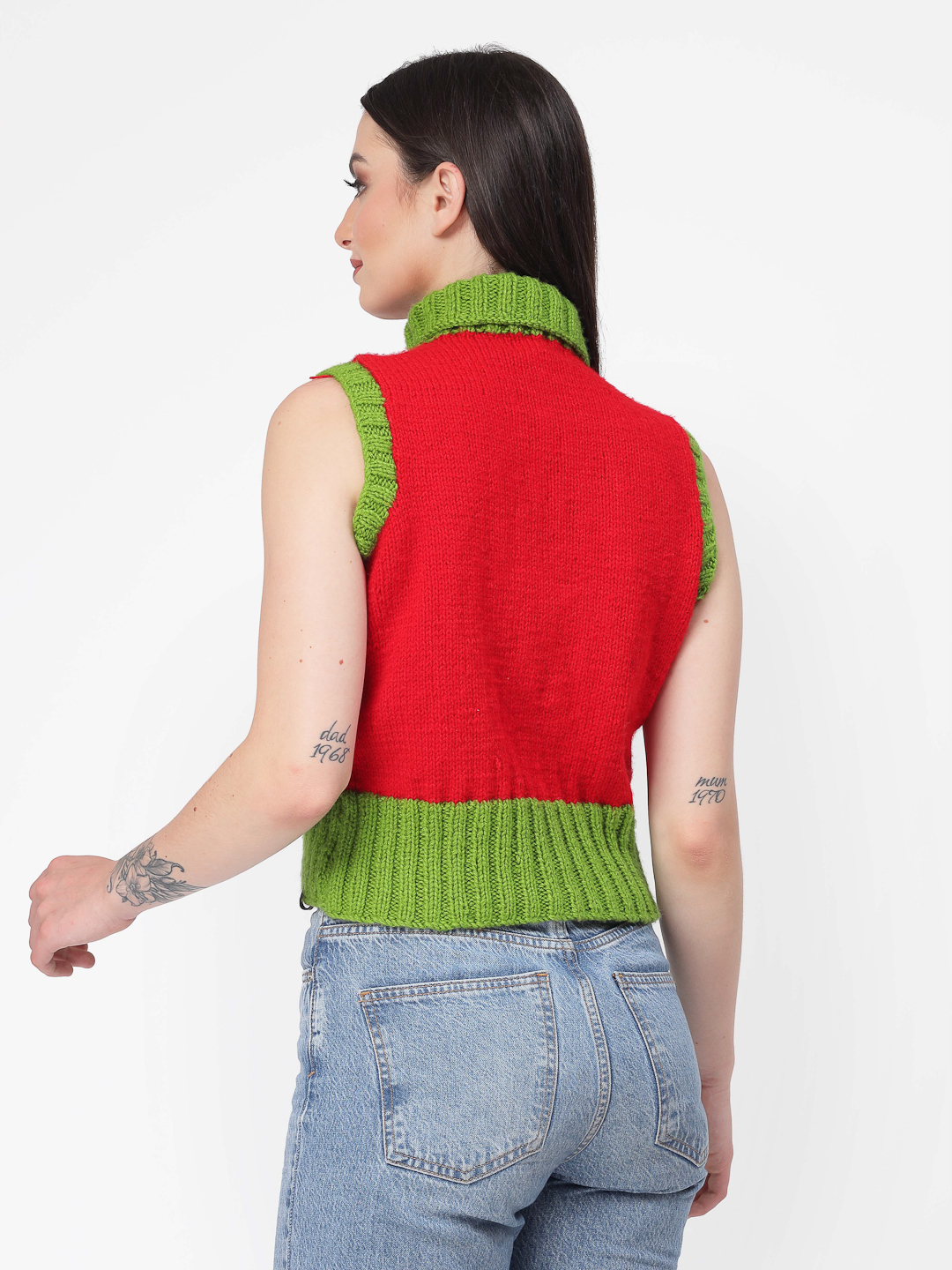 Handknitted Turtleneck Watermelon Pattern Sweater - Red
