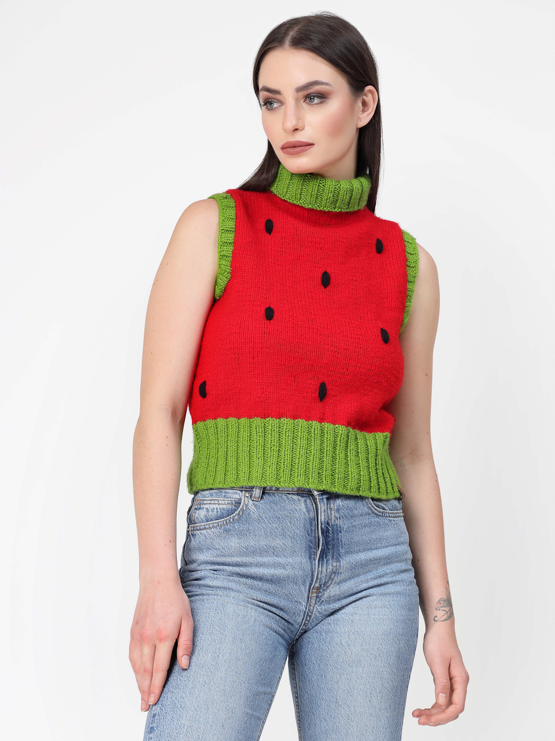 Handknitted Turtleneck Watermelon Pattern Sweater - Red