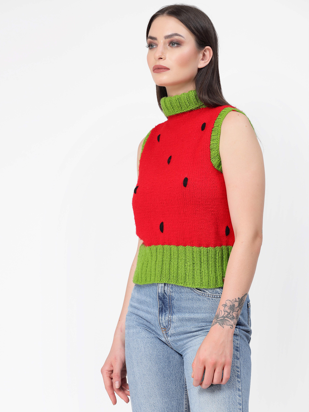 Handknitted Turtleneck Watermelon Pattern Sweater - Red