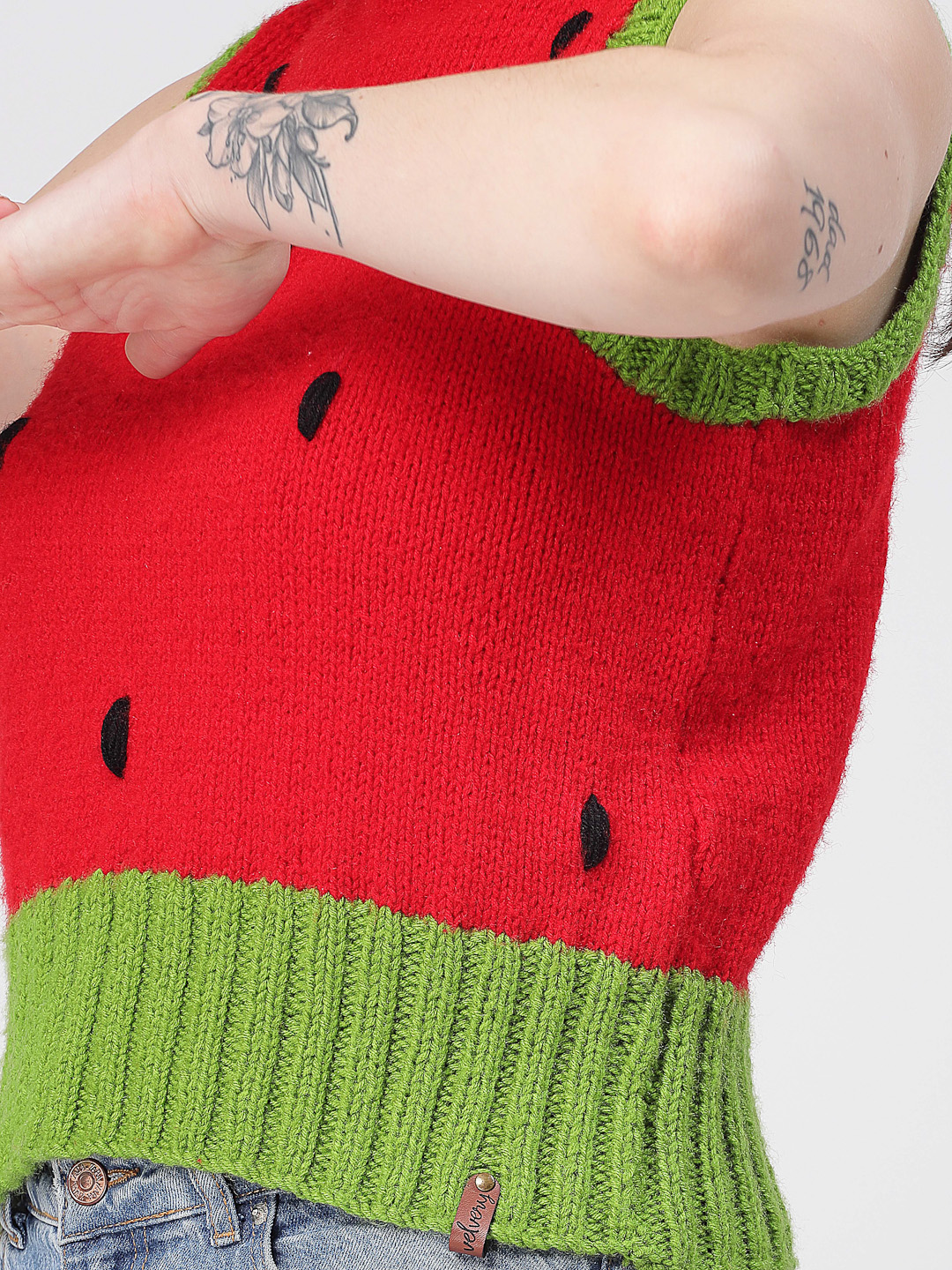 Handknitted Turtleneck Watermelon Pattern Sweater - Red