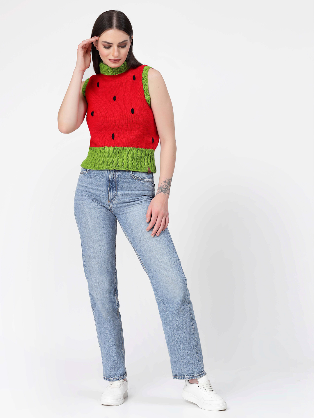 Handknitted Turtleneck Watermelon Pattern Sweater - Red