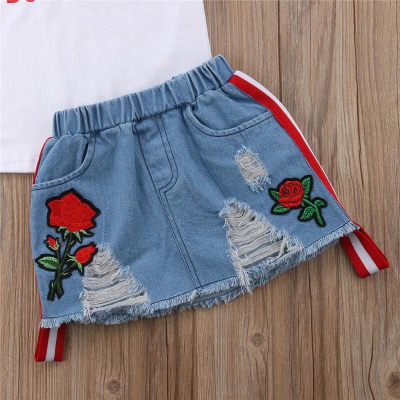 White Top with Denim Skirt