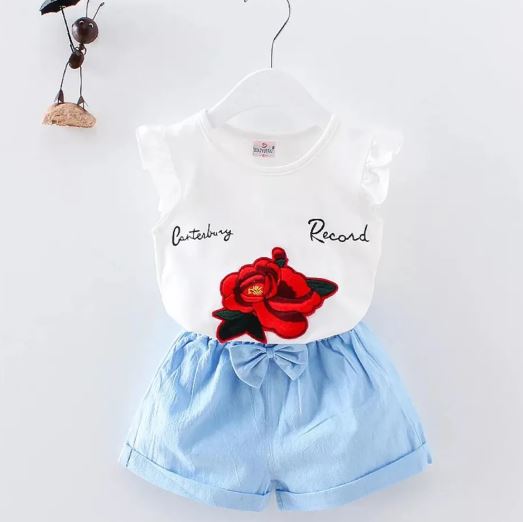 White Top With Rose Applique & Light Blue Short